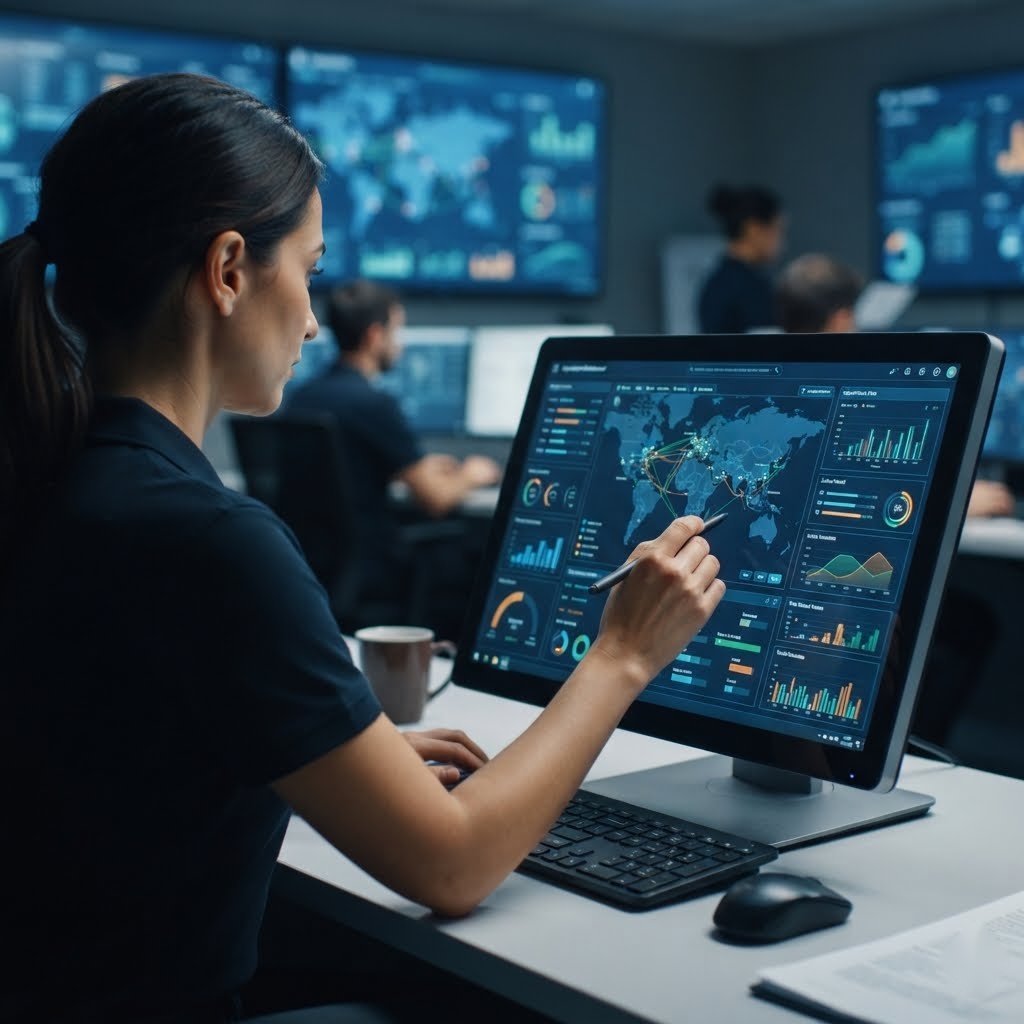A Solving Dispatch analyst reviewing the freight dashboard on screen