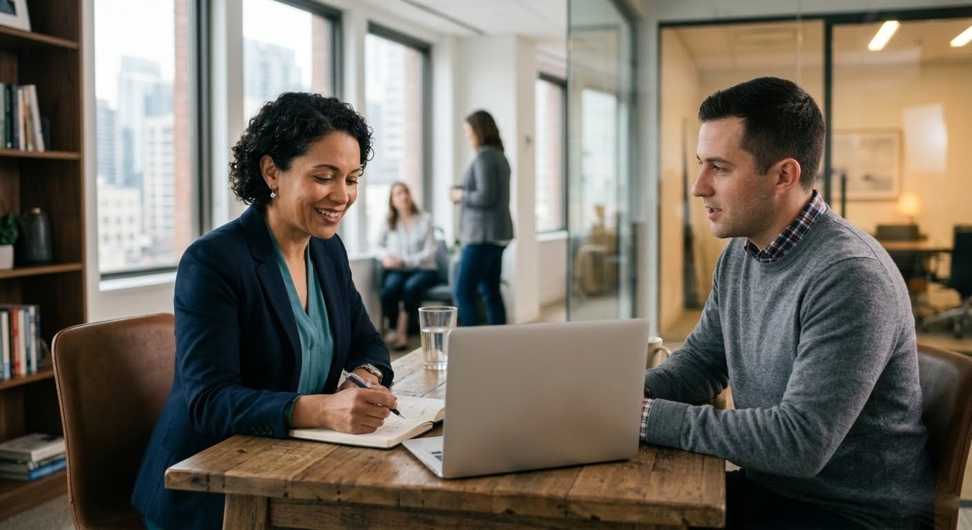 A Solving Dispatch consultant meeting with a client in an office