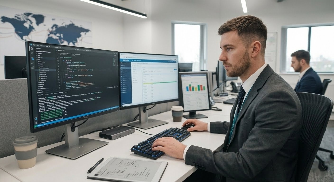 A Solving Dispatch developer building the TMS on a multi-monitor setup