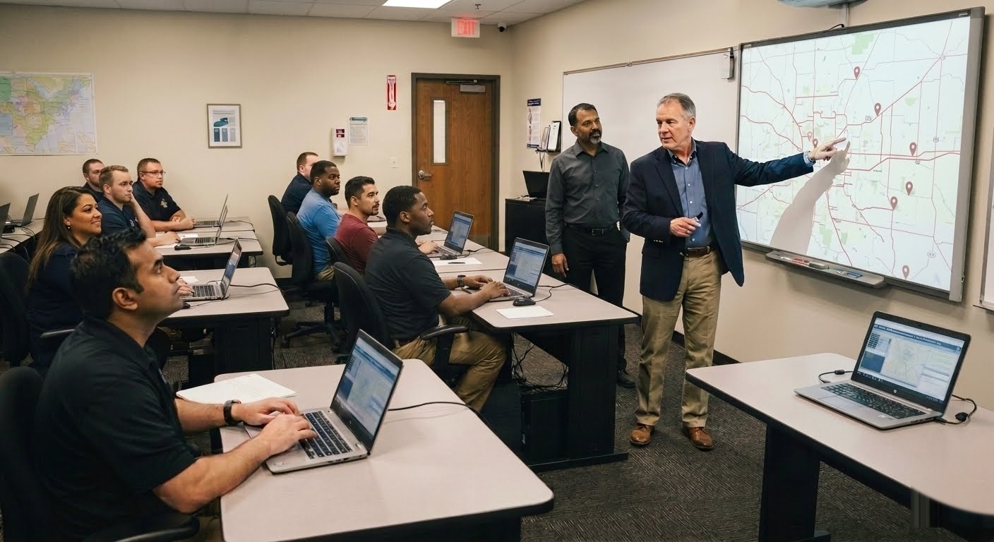 Trainees at laptops in a Solving Dispatch classroom session